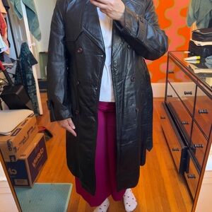 Vintage Black Leather Double-Breasted Trench Coat